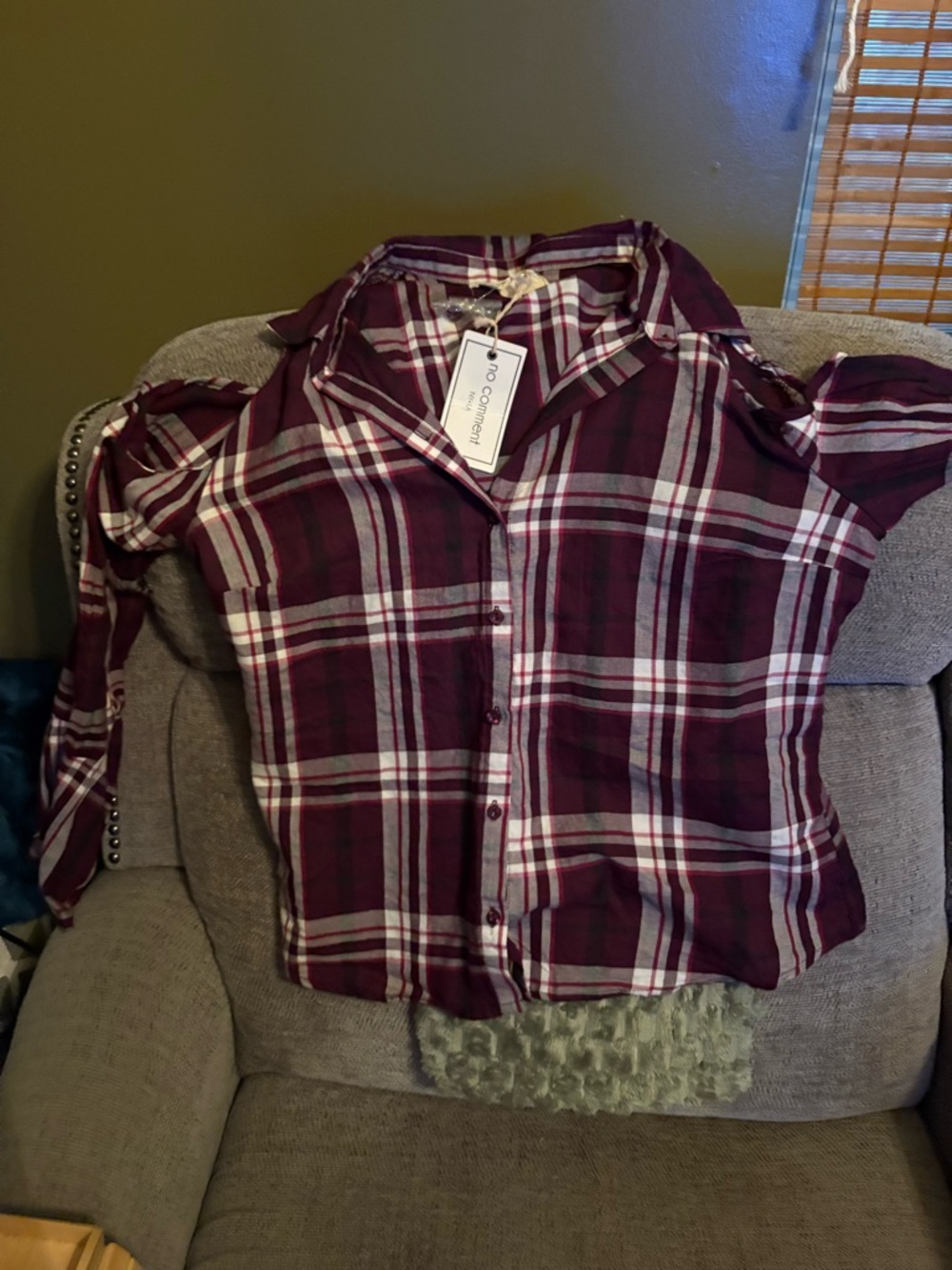 No Comment Woman's Burgundy Plaid Button-Front Blouse